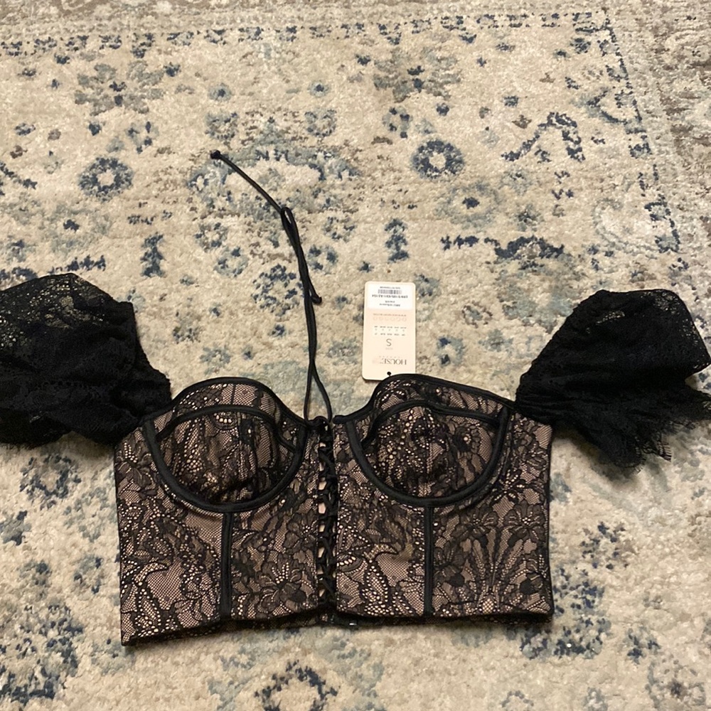House of CB Black Lace Off-Shoulder Crop Top
